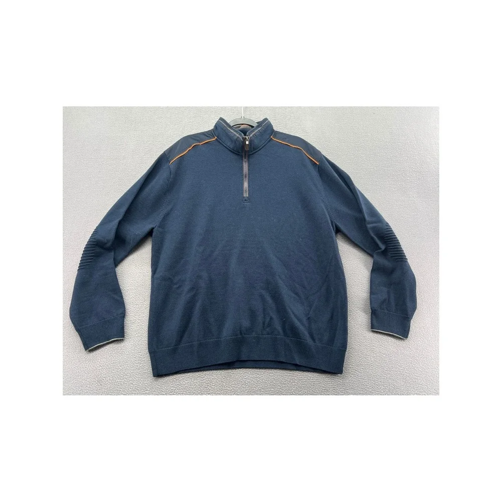Orvis Sweater Mens XL Navy Blue Quarter Zip Pullover Orange Trim Ribbed Elbows